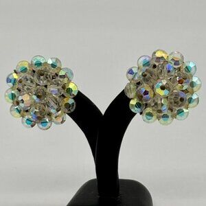Vintage Faceted Rondelle & Round Crystal Aurora Borealis Large Clip-On Earrings
